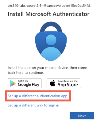 Azure MFA use a different app