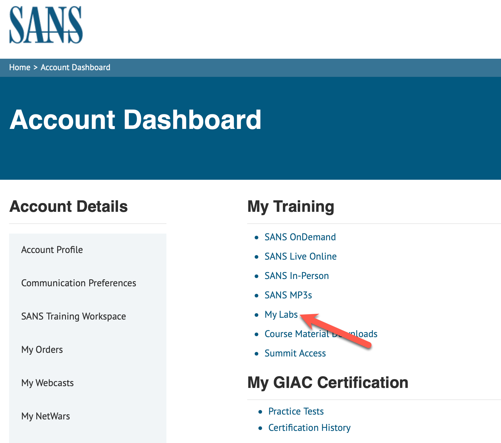 SANS Course Material Downloads link SANS My Labs link