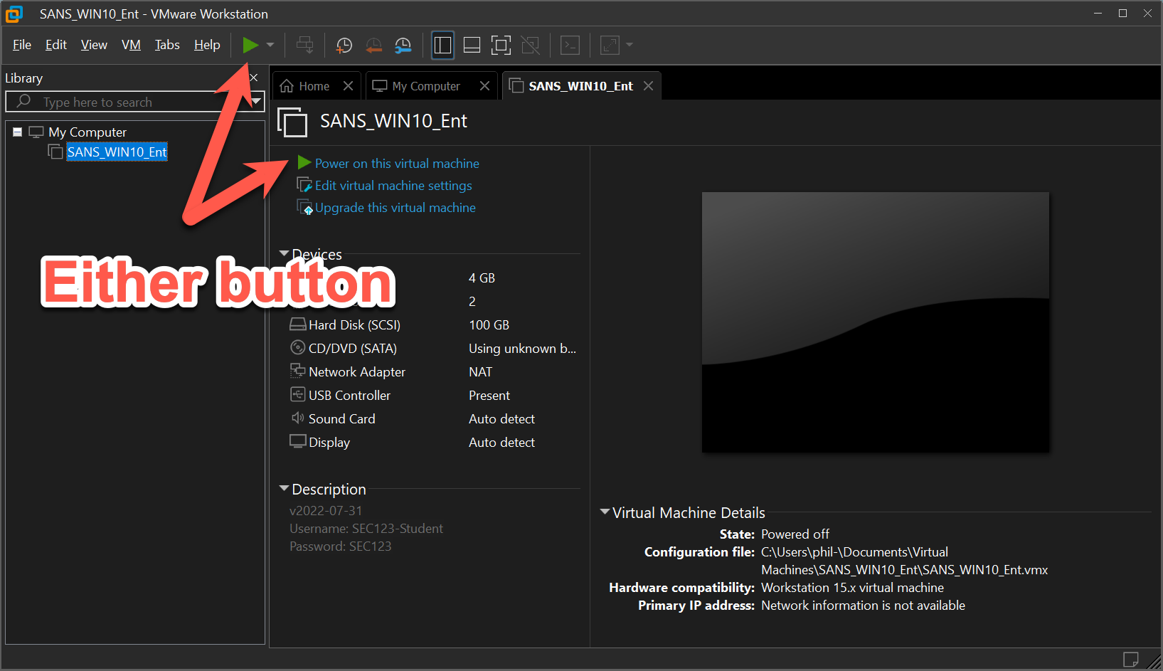 VMware Workstation power on/resume buttons VMware Workstation power on/resume buttons