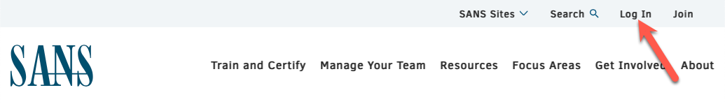 SANS Homepage with Log In link annotated SANS Homepage with Log In link annotated